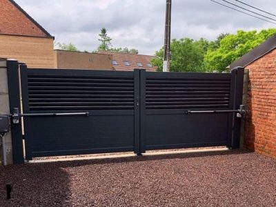 Black Automatic Swing Gate With Horizontal Slats