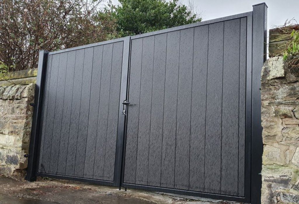 Black Double-Swing Gates With Vertical Slats